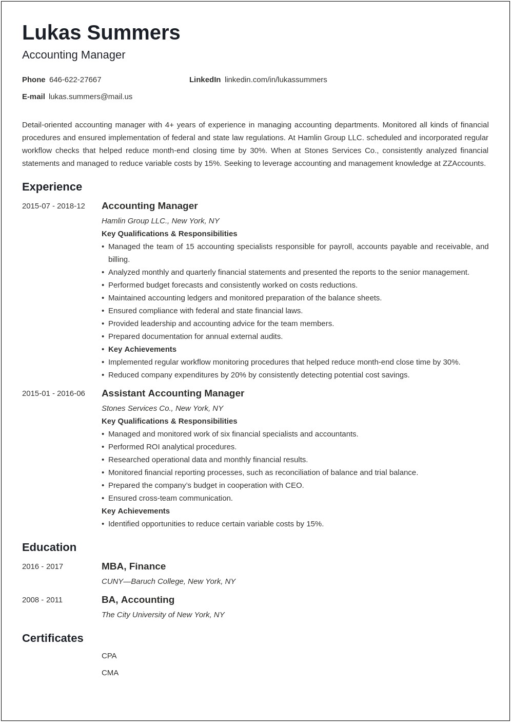 Resume Summary For Director Of Accounting