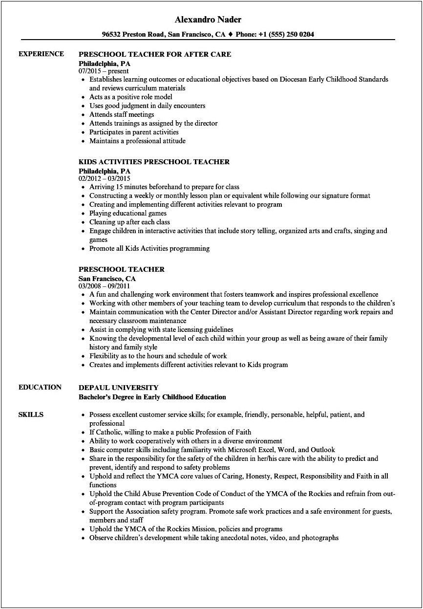 Resume Summary For Early Childhood Dvelopment