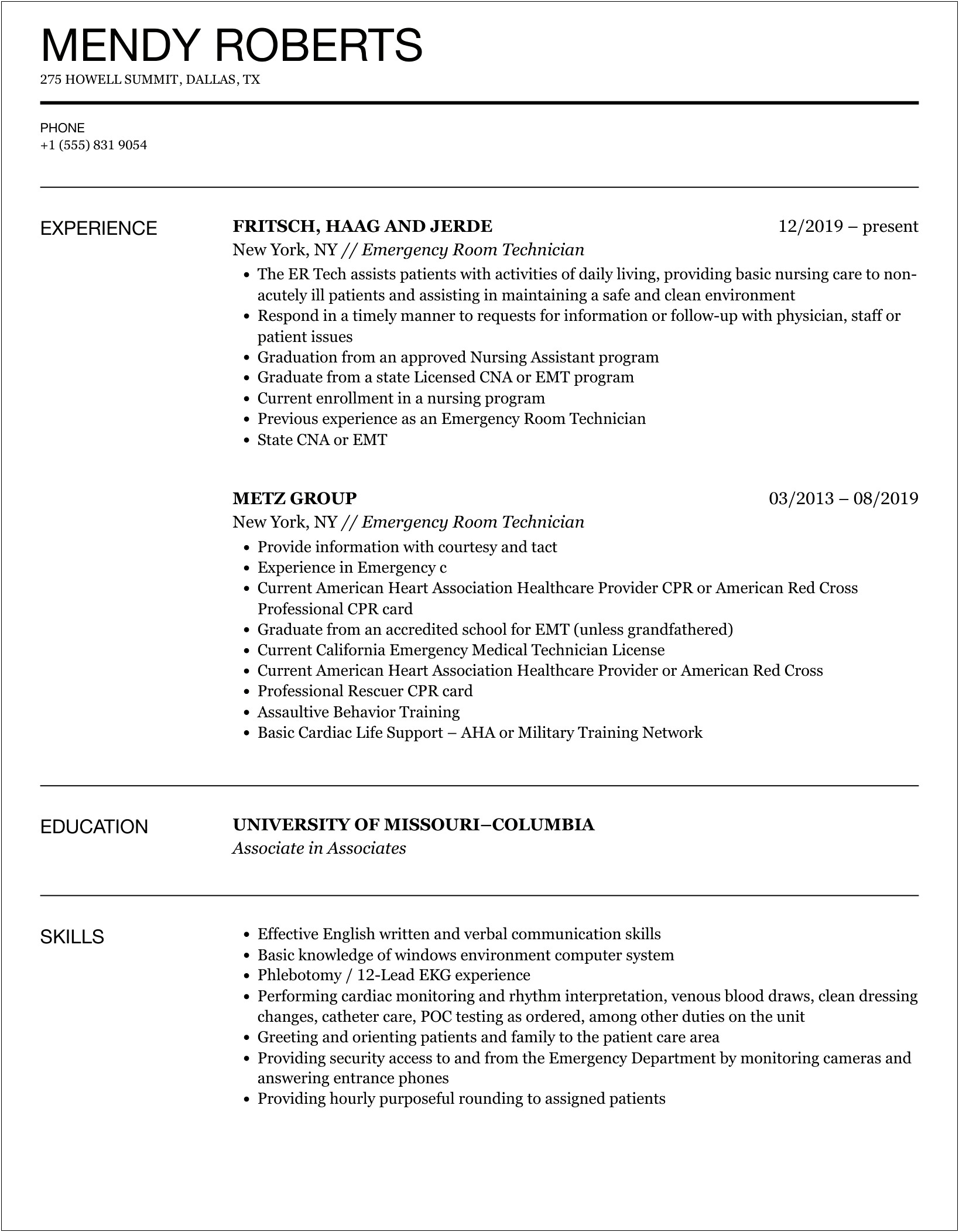 Resume Summary For Emergency Room Tech