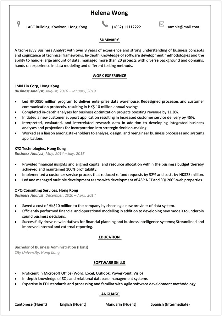 Resume Summary For Entry Level Business Analyst