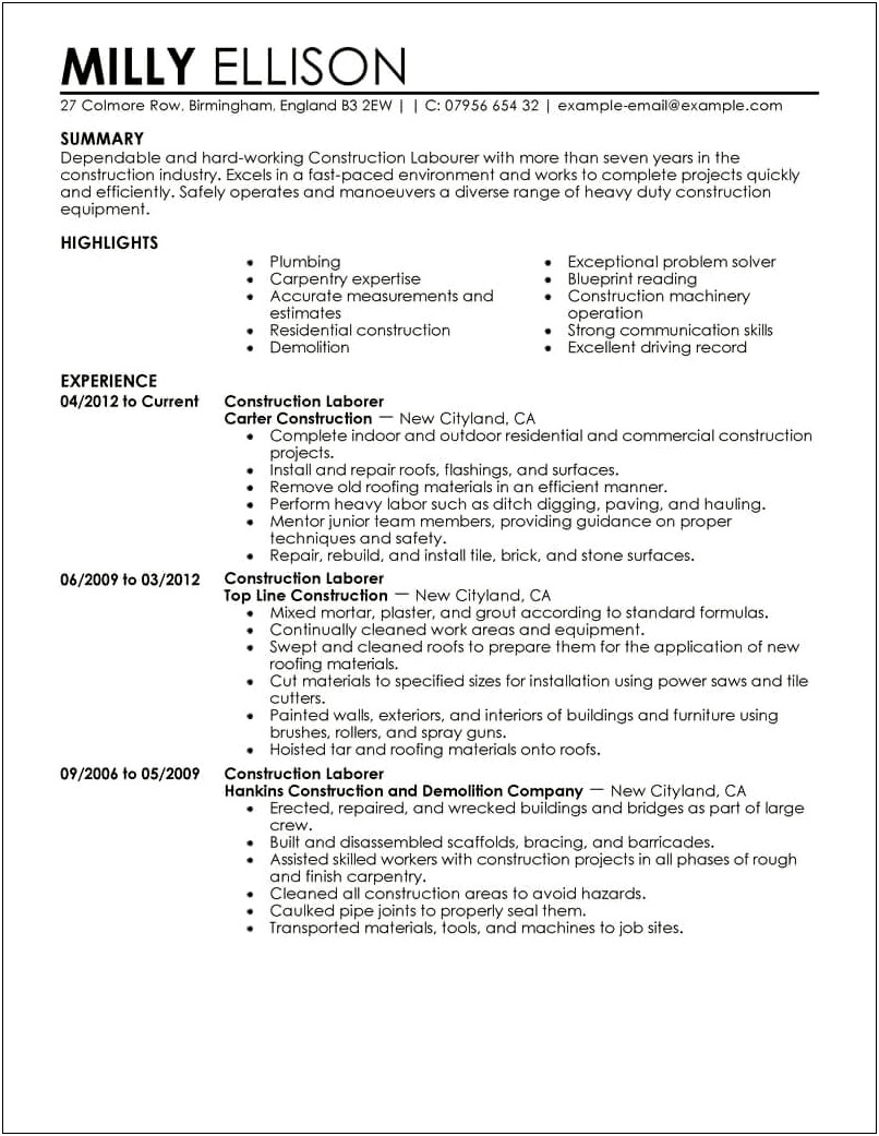 Resume Summary For Entry Level Construction Laborer