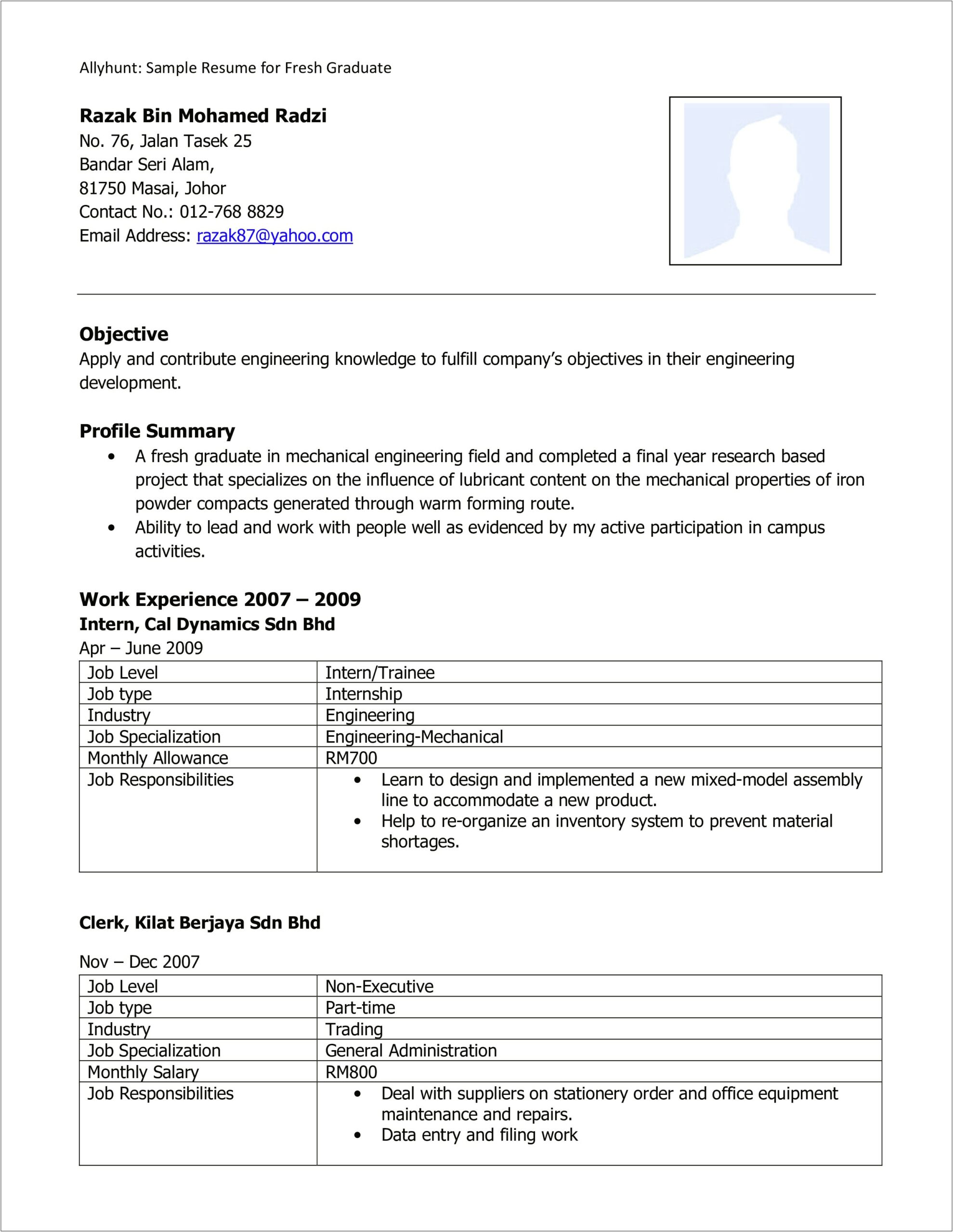 Resume Summary For Graduate Mechanical Engineer