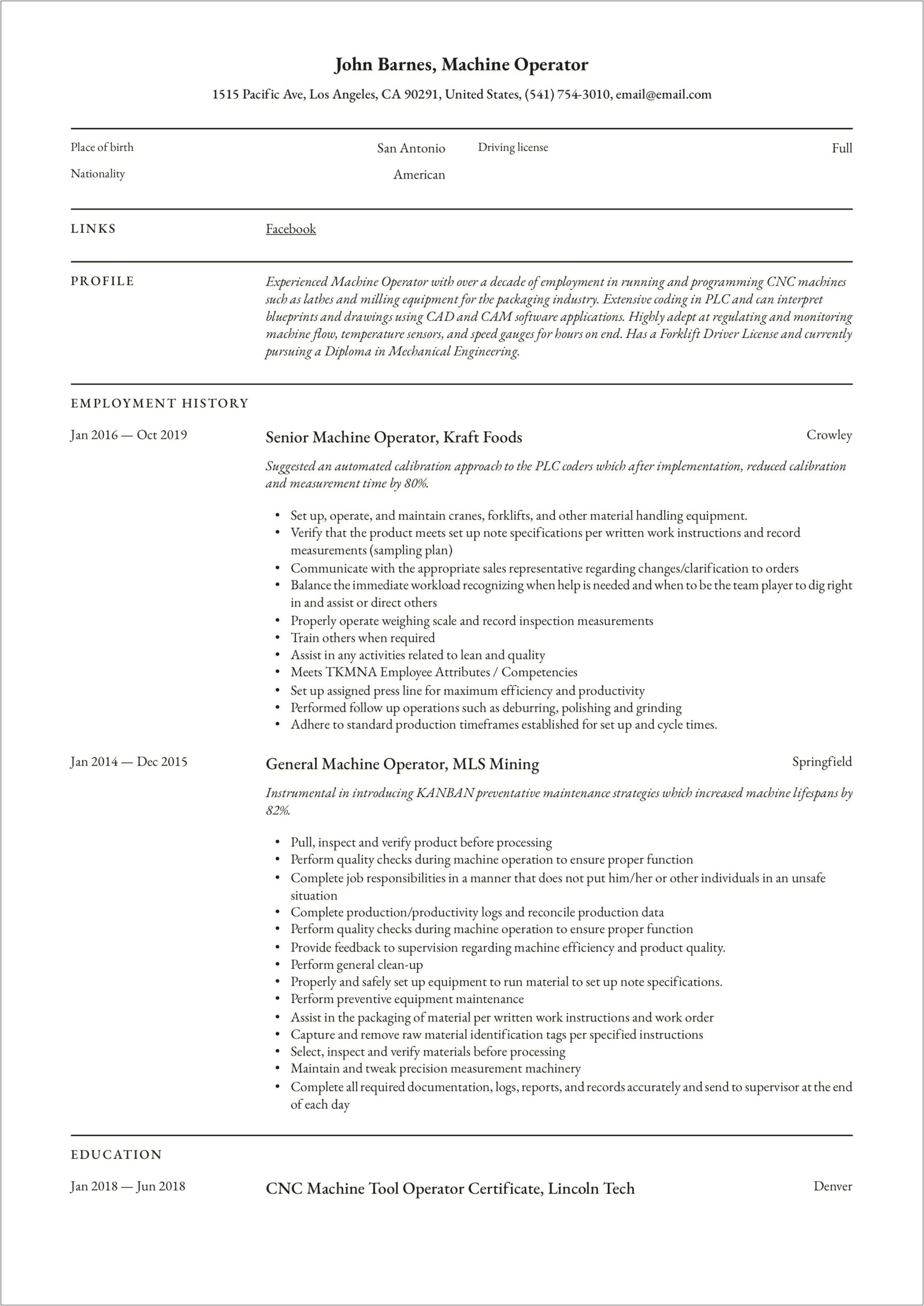 Resume Summary For Machine Operator Resume