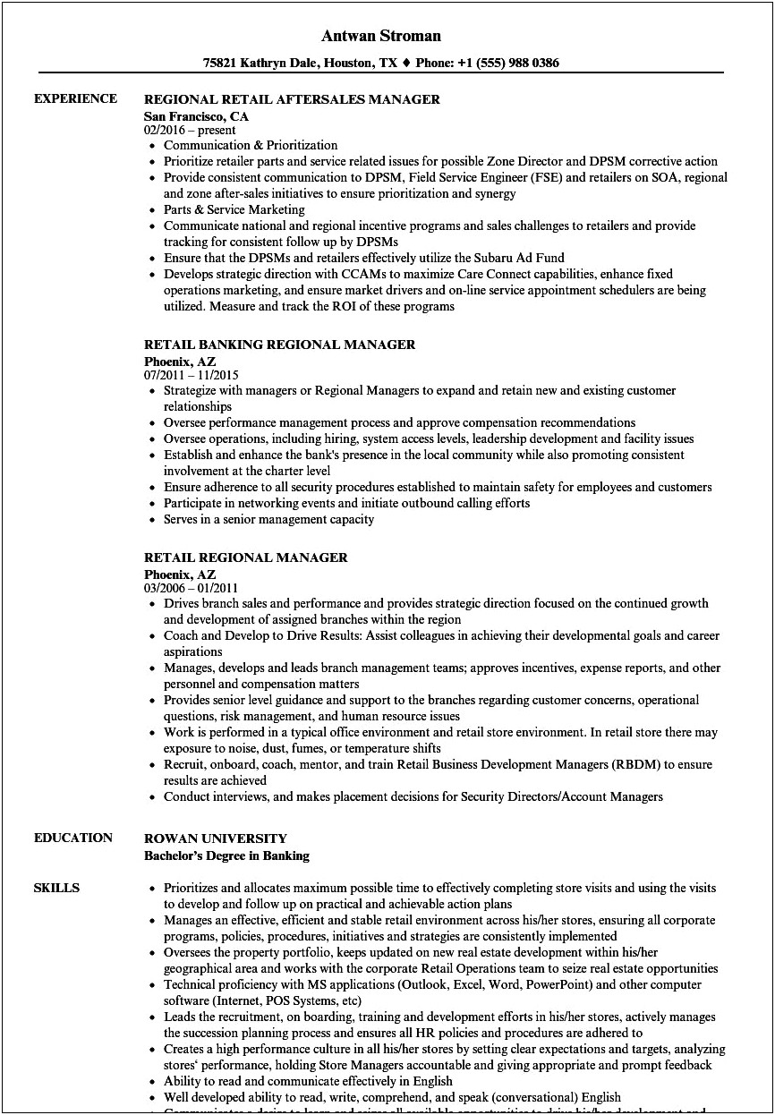 Resume Summary For Retail District Manager