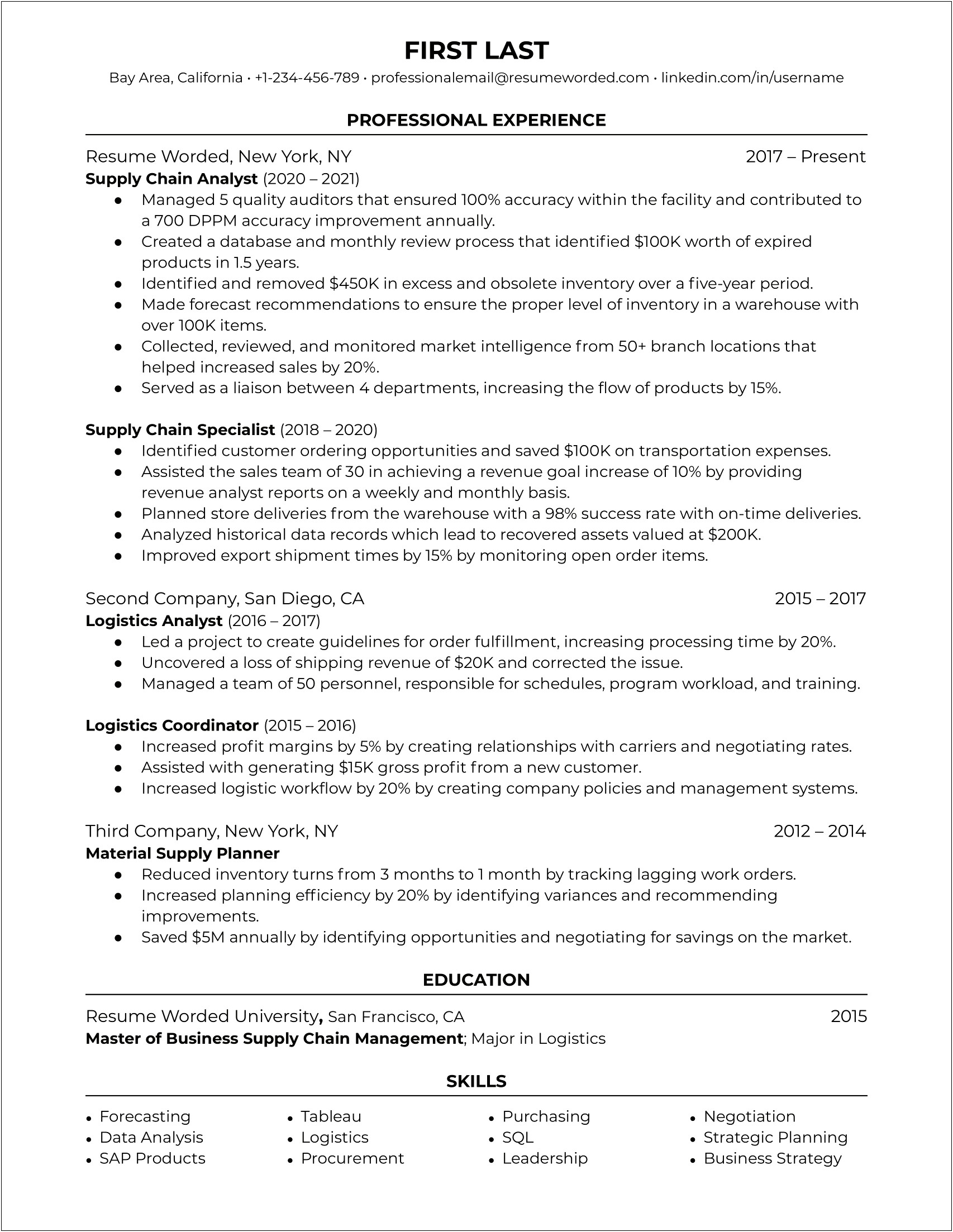 Resume Summary For Supply Chain Management