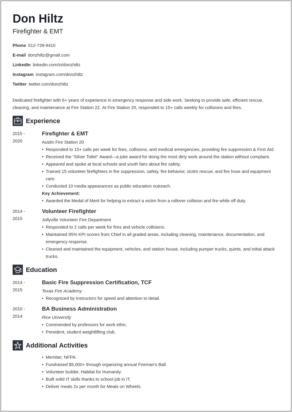 Resume Summary Letter For A Fire Fighter