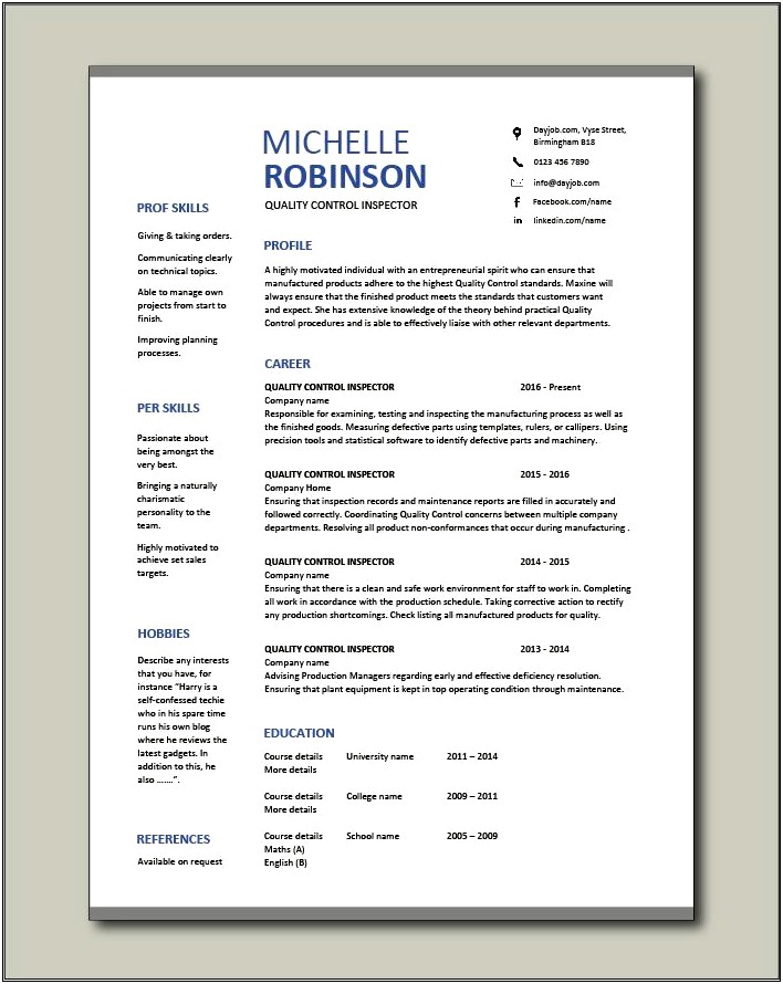 Resume Summary Mechanical Quality Control Samples