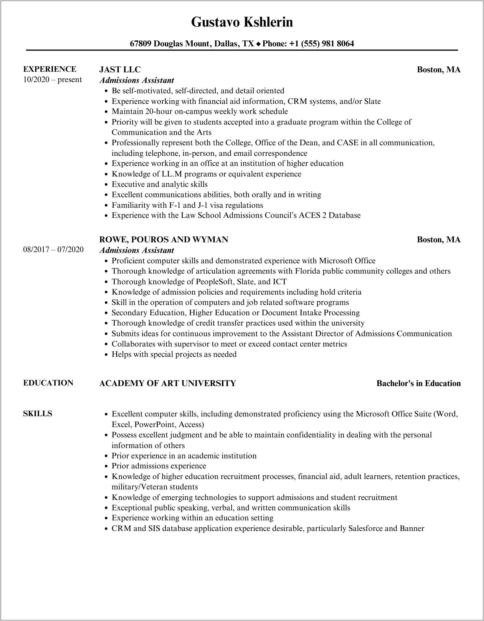 Resume Summary Of A Admissions Assistant