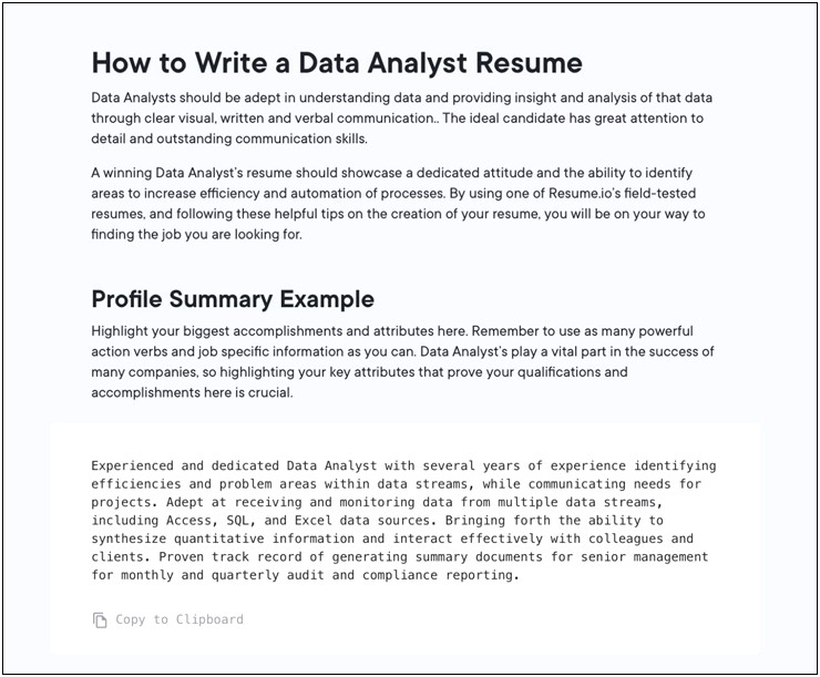Resume Summary Of Accomplishments Data Analyst