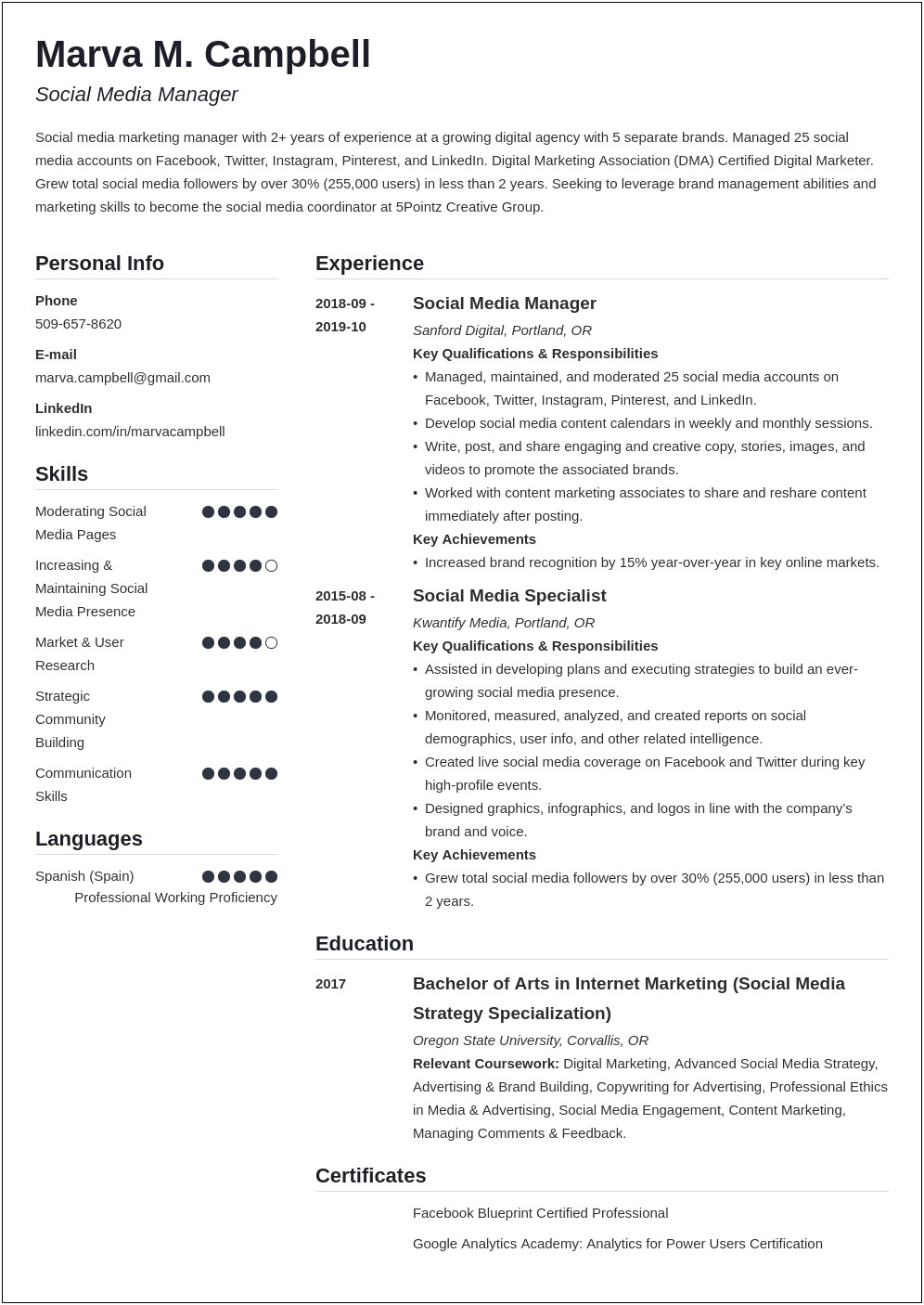 Resume Summary Of Qualifications Social Media