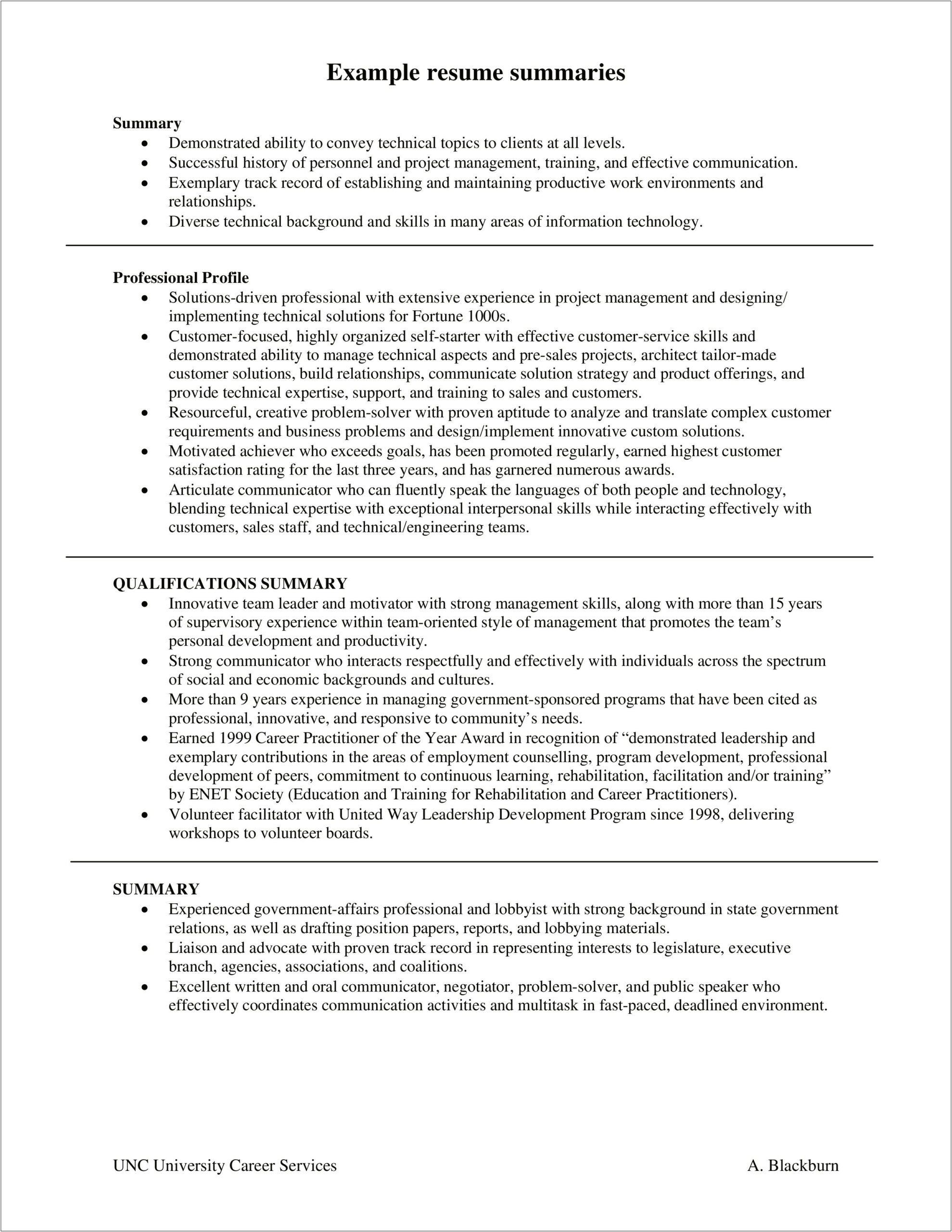 Resume Summary Statement Examples Professional Services