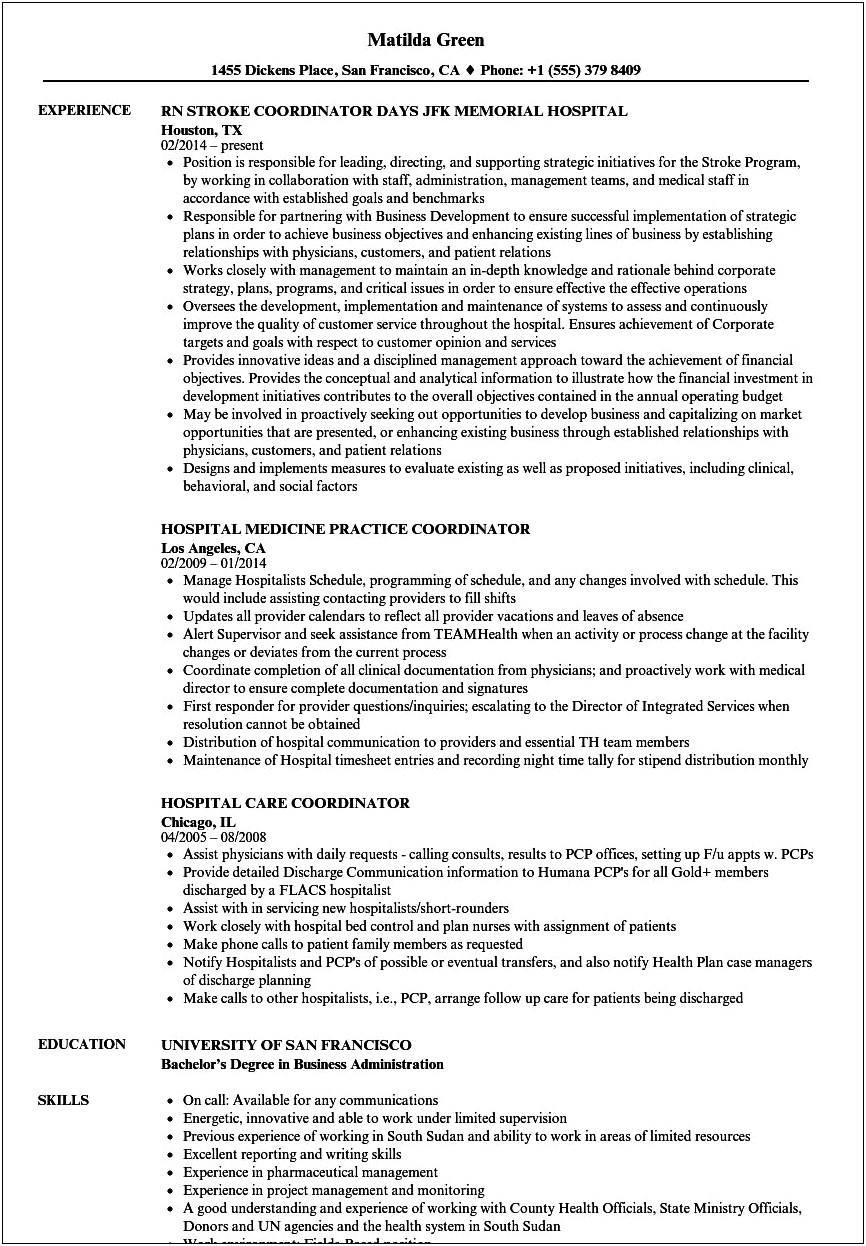 Resume Summary Statement For Admissions Coordinator Hospital