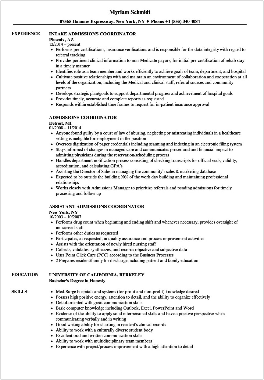Resume Summary Statement For Admitting Coordinator Hospital