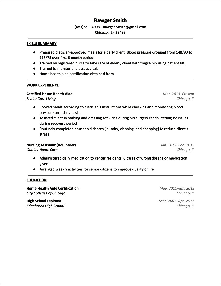 Resume Summary Statement For Home Health Aide