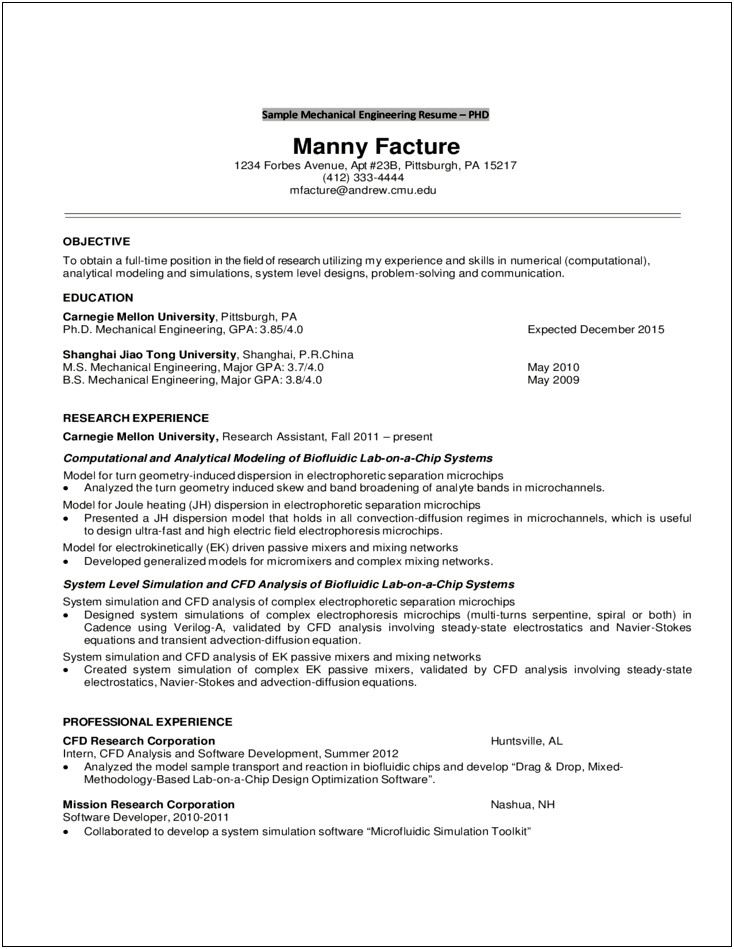 Resume Summary Statement For Mechanical Engineer