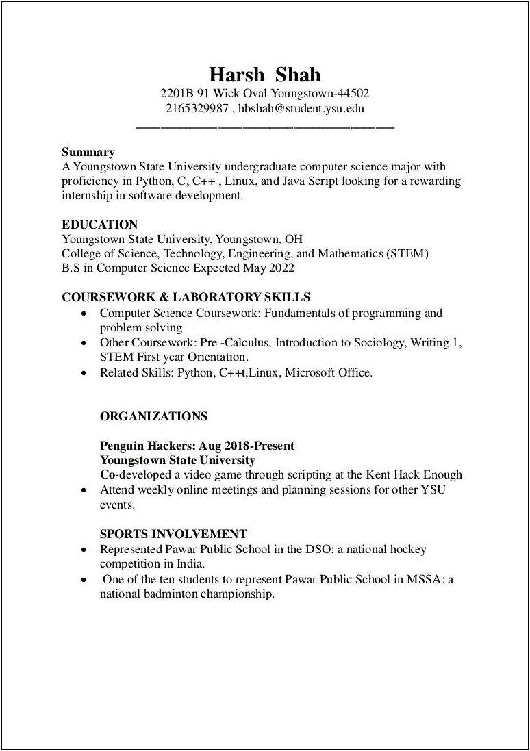 Resume Technical Summary Computer Science Major