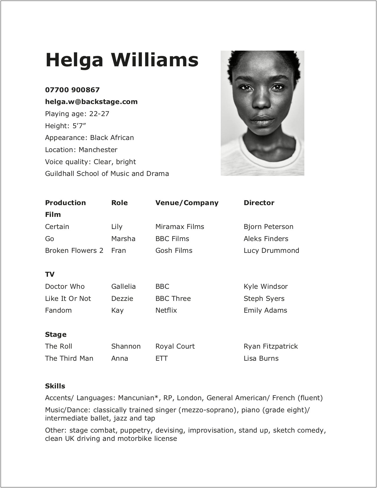 Resume Template Actor No Experience Youth
