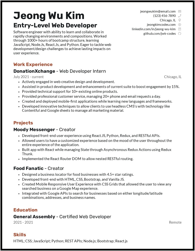 Resume Template Entry Level Junior Front End Developer