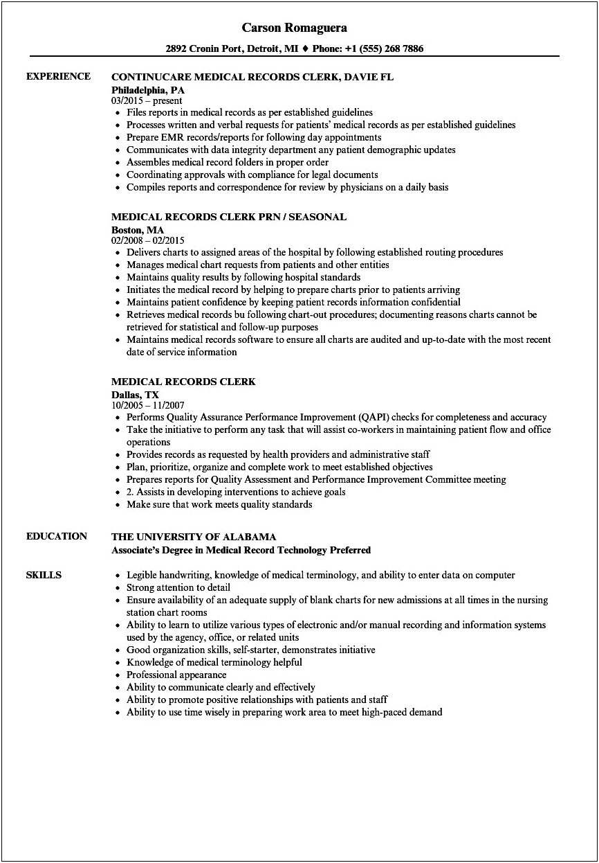 Resume Template For Clerk At Doctor's Office