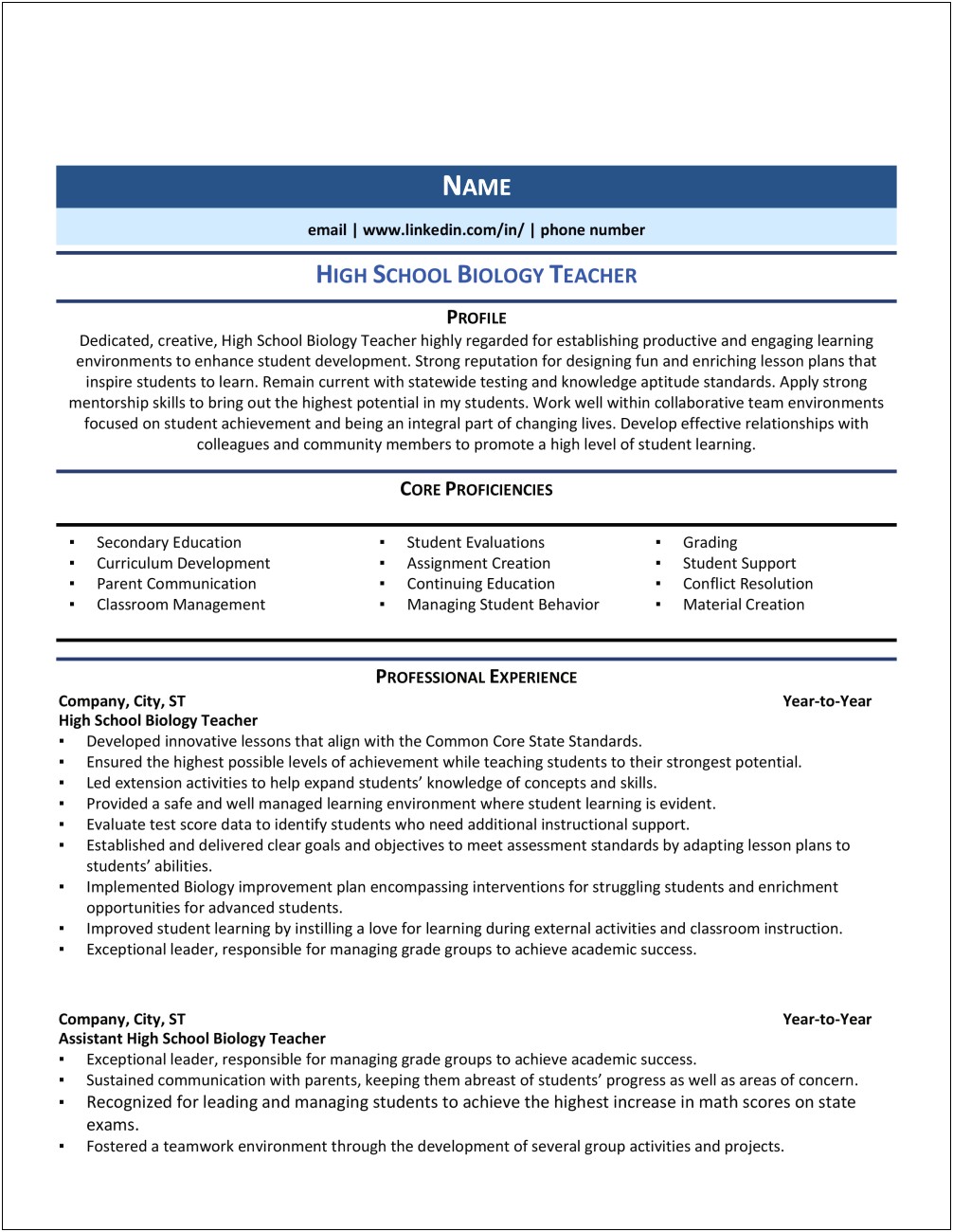 Resume Template For College Students Biology