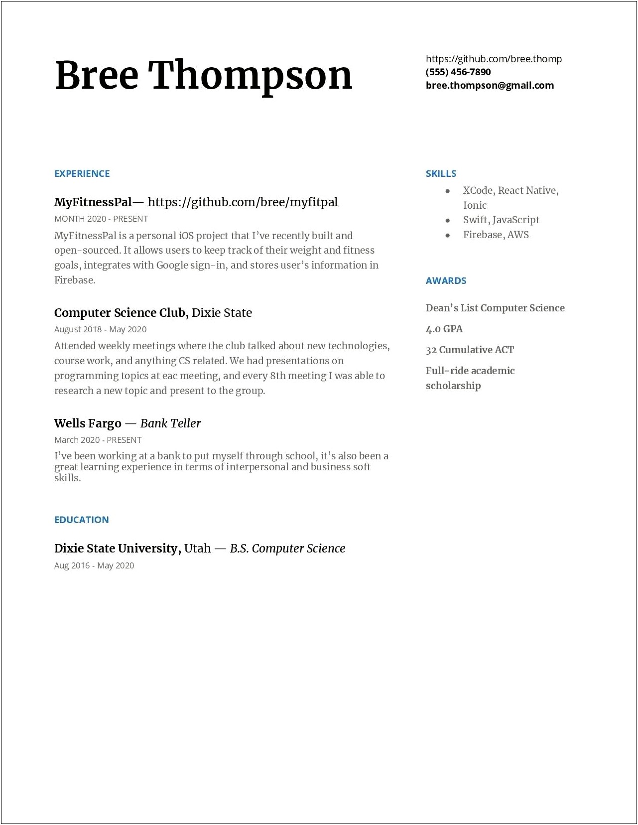 Resume Template For Cs College Student