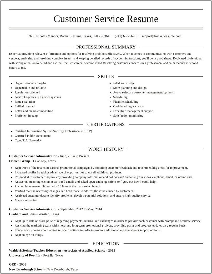 Resume Template For Customer Service Administrator