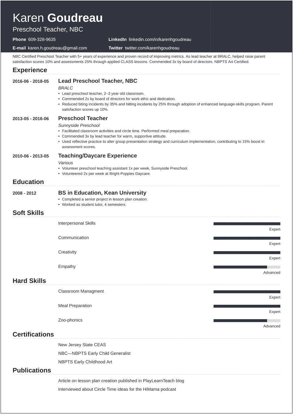Resume Template For Early Childhood Educator