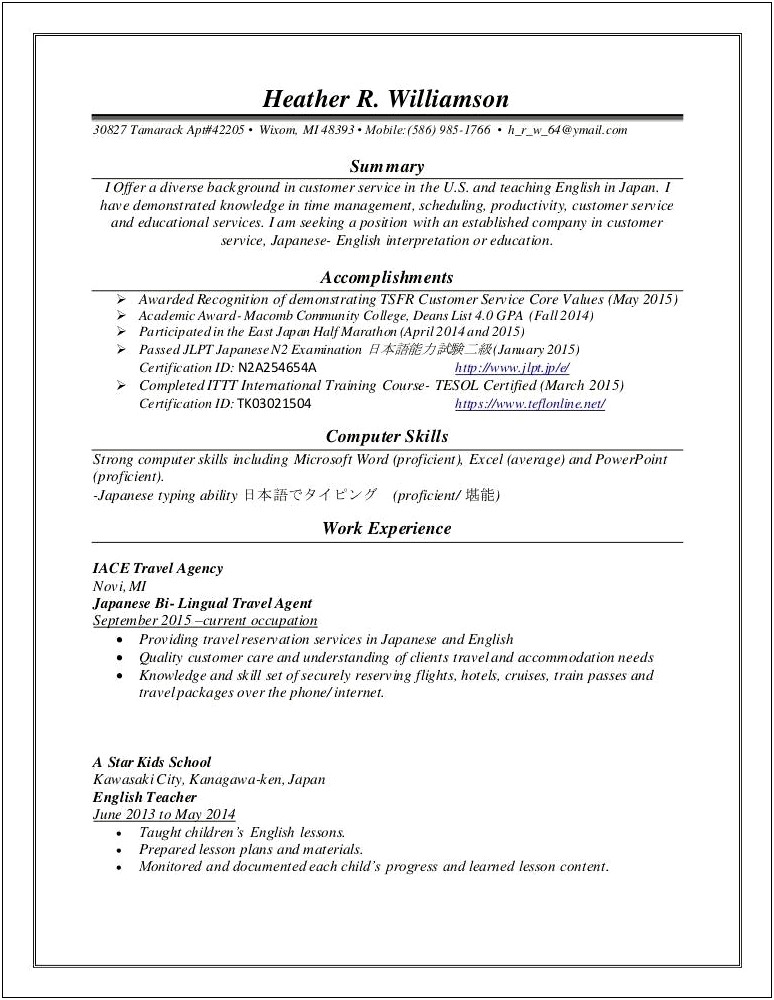 Resume Template For English Teaching In Japan