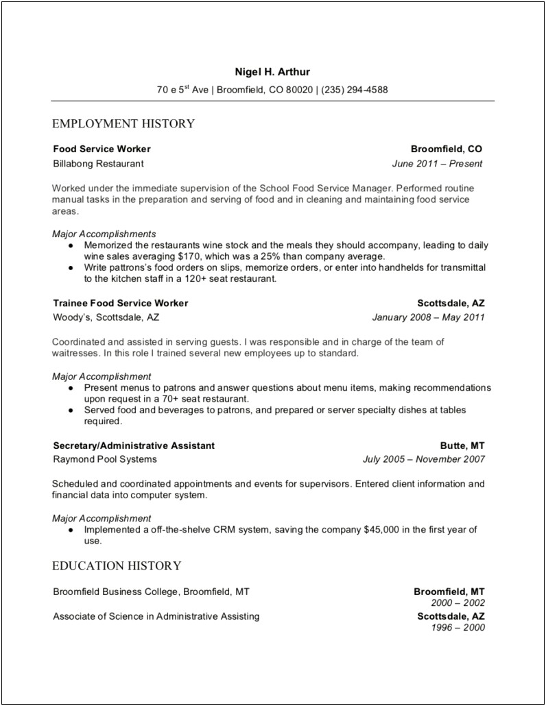 Resume Template For Food Service Industry