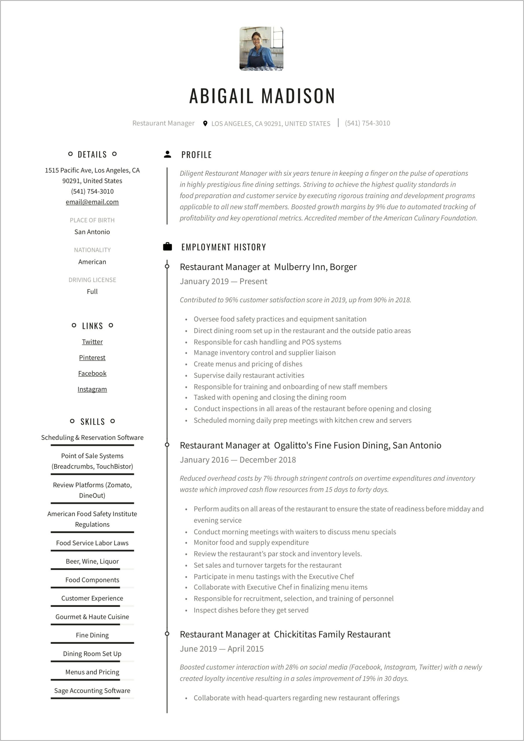 Resume Template For Food Service Manager