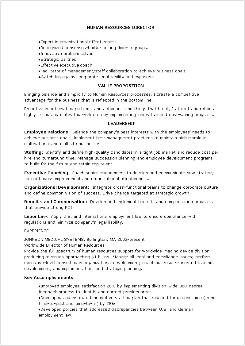 Resume Template For Human Resources Vice President