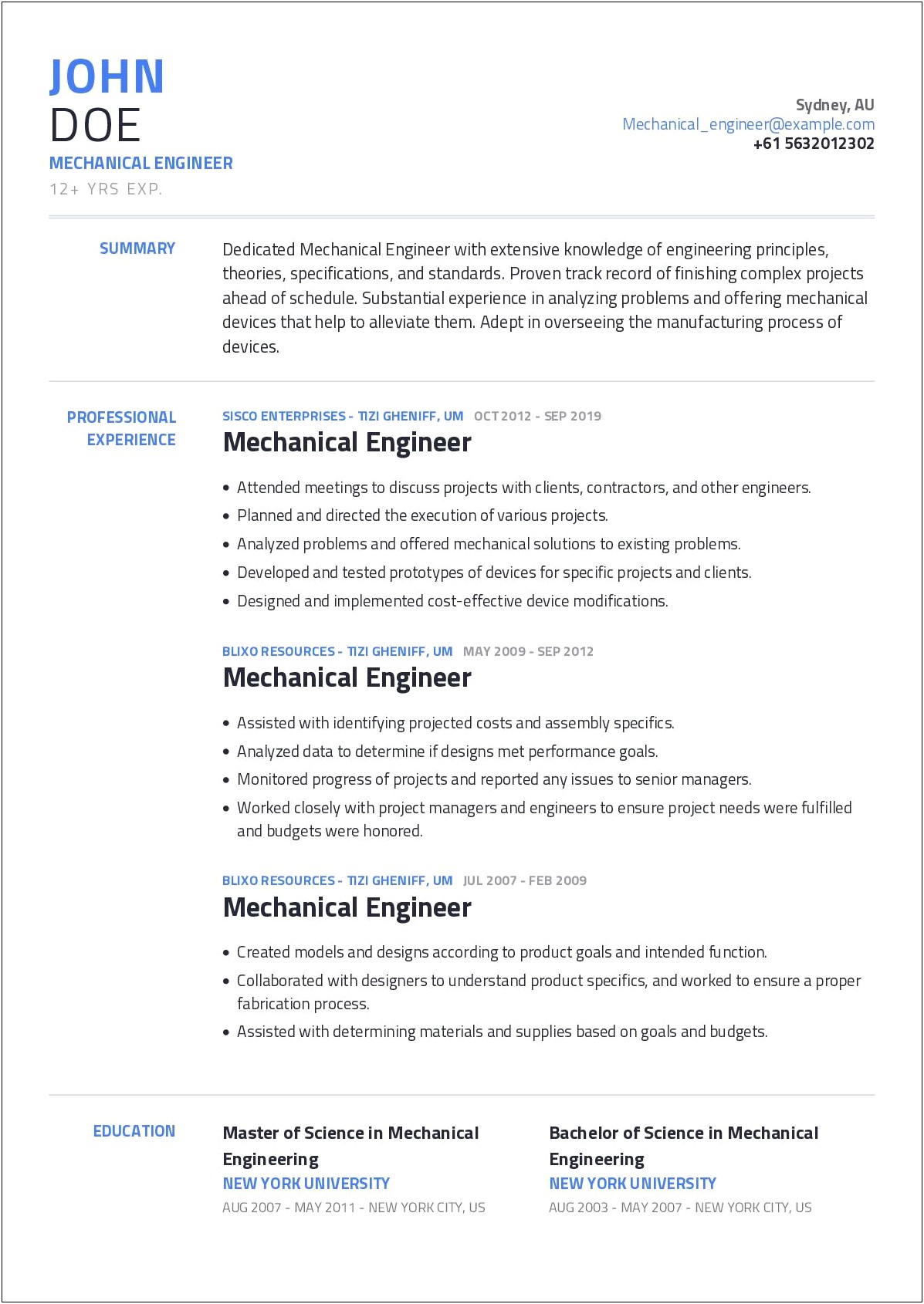 Resume Template For Mechanical Engineering Grad