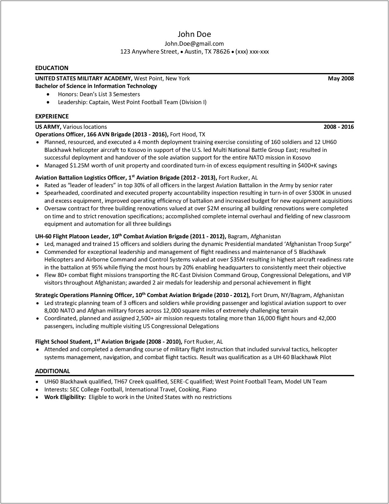 Resume Template For Military To Civilian