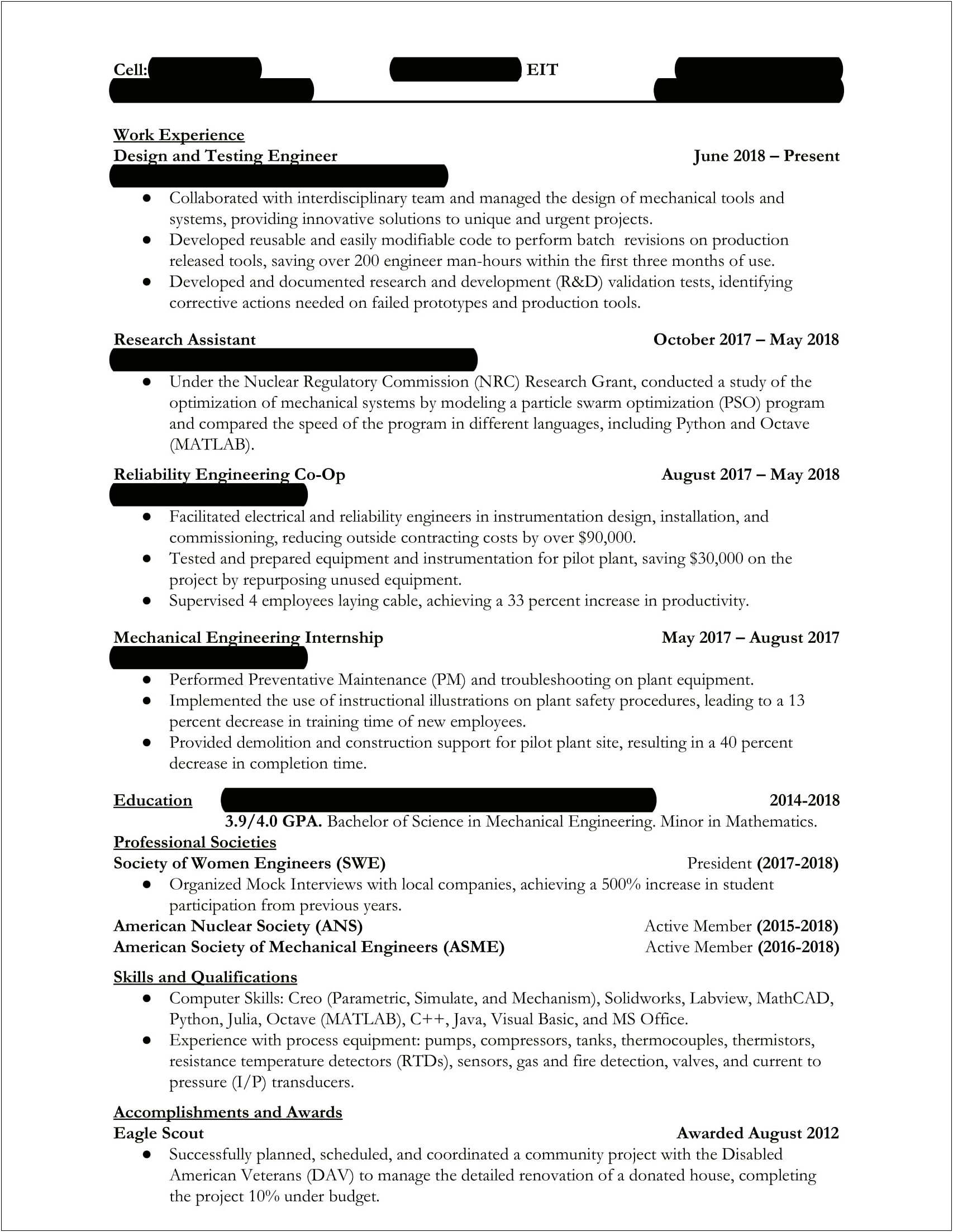 Resume Template For Second Job After College