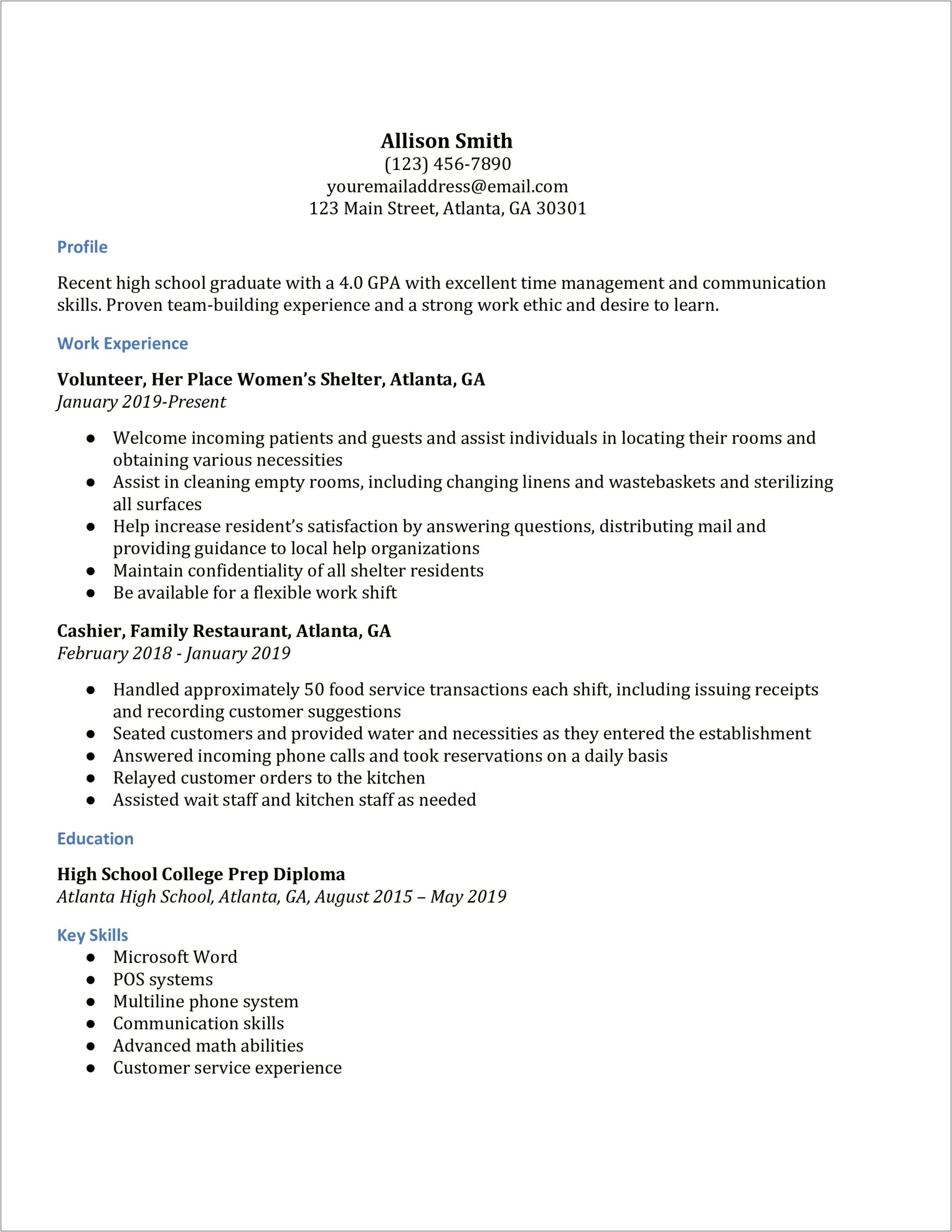 Resume Template High School Student For Applying College