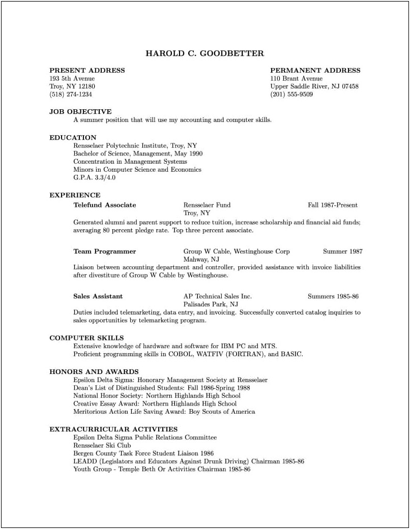Resume Template With Current And Permanent Address