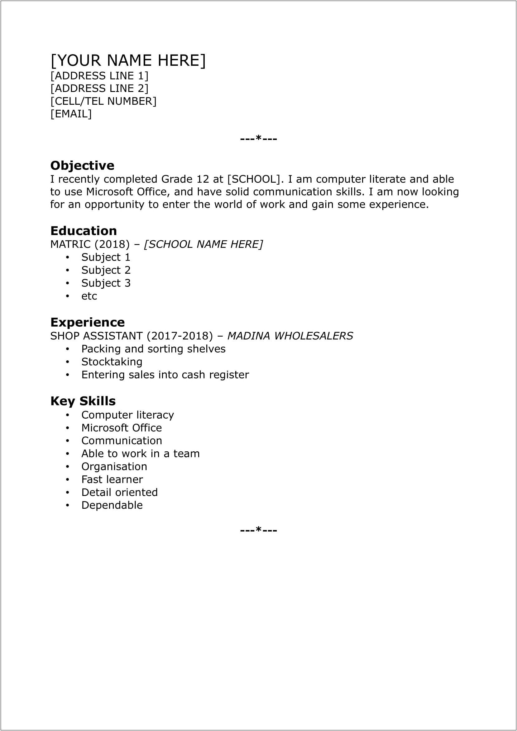 Resume Template With Not Alot Of Experience