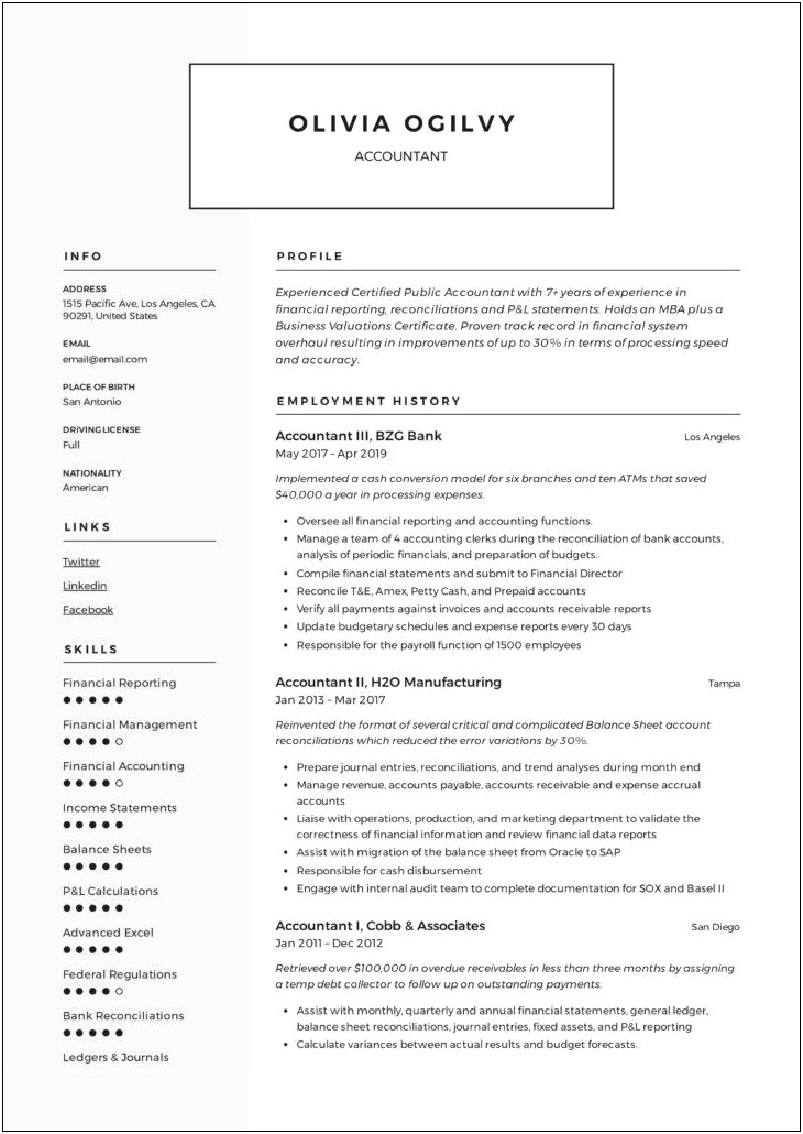 Resume Templates For Accounting And Finance