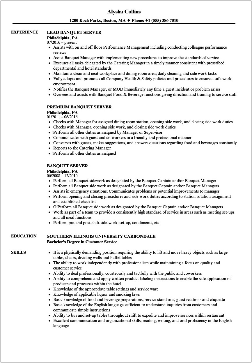 Resume Templates For Catering Servers Bartenders