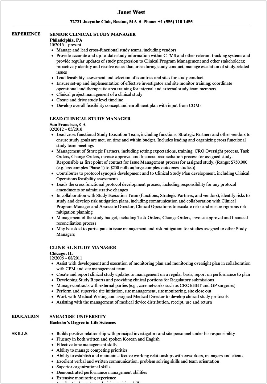 Resume Templates For Clinical Data Management