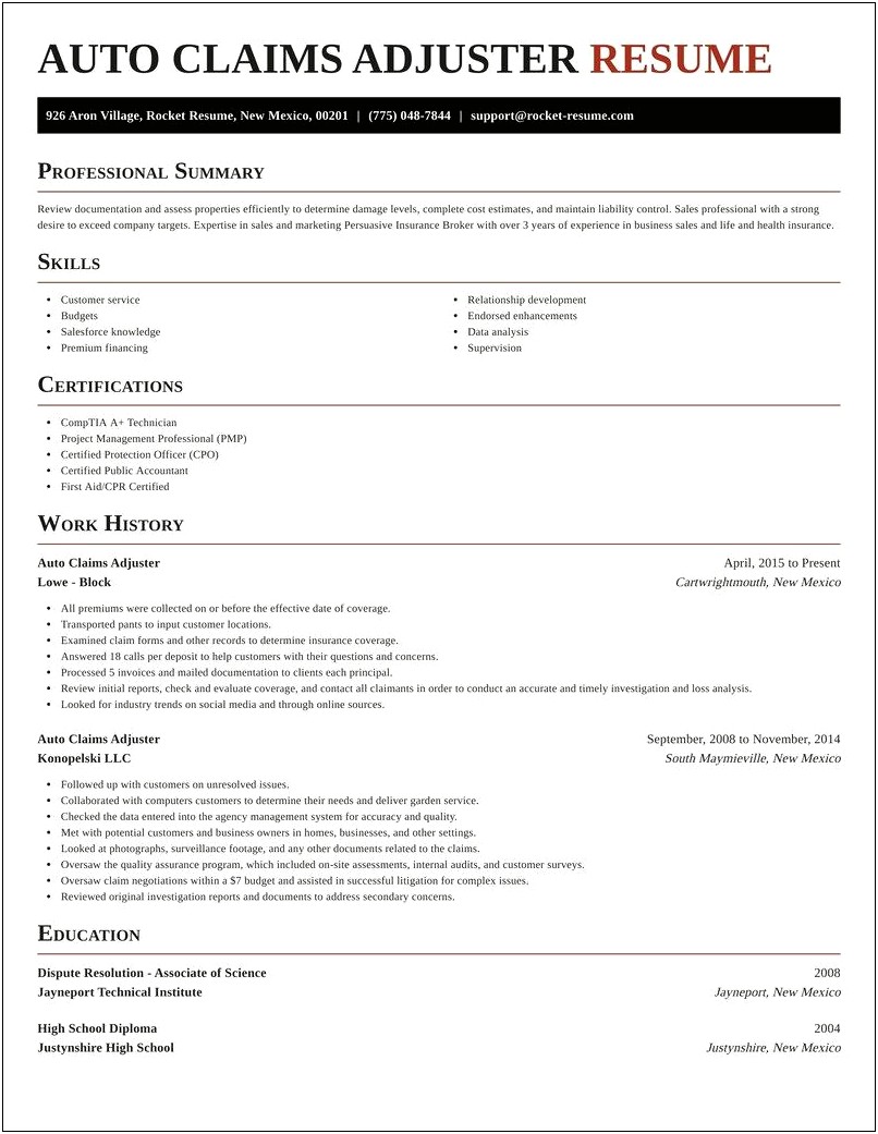 Resume Templates For Insurance Claims Adjuster