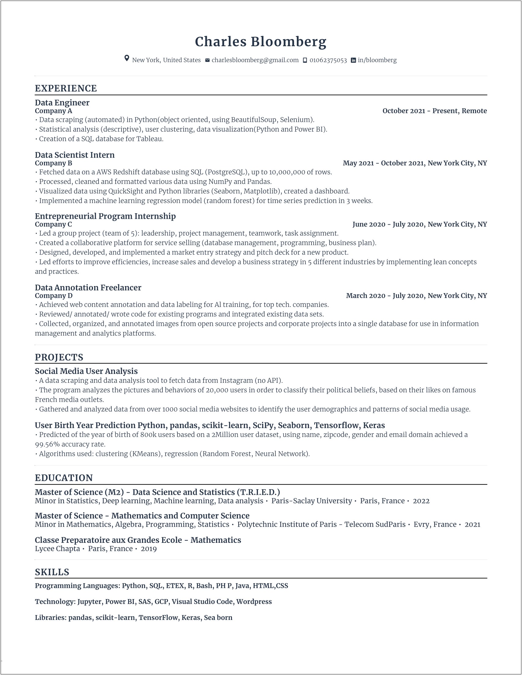 Resume Templates For It Data Scientists