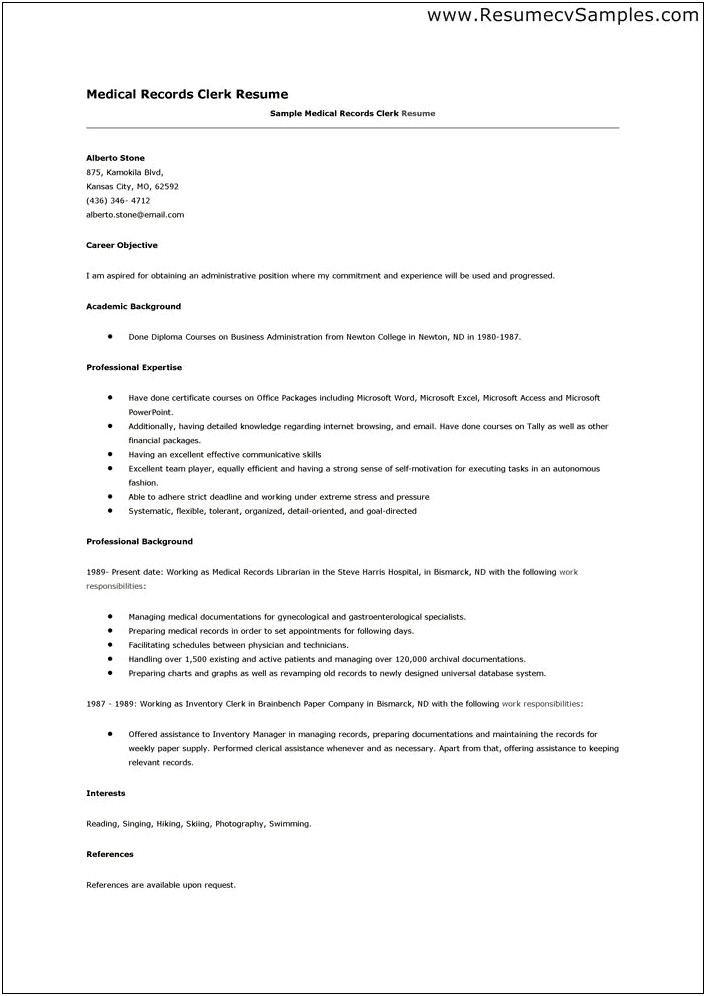 Resume Templates For Medical Records Clerk
