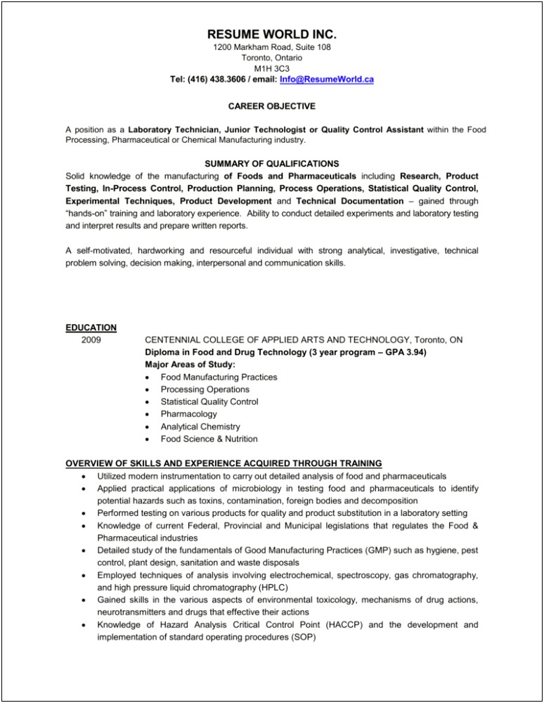 Resume Templates For Pharmaceutical Quality Control