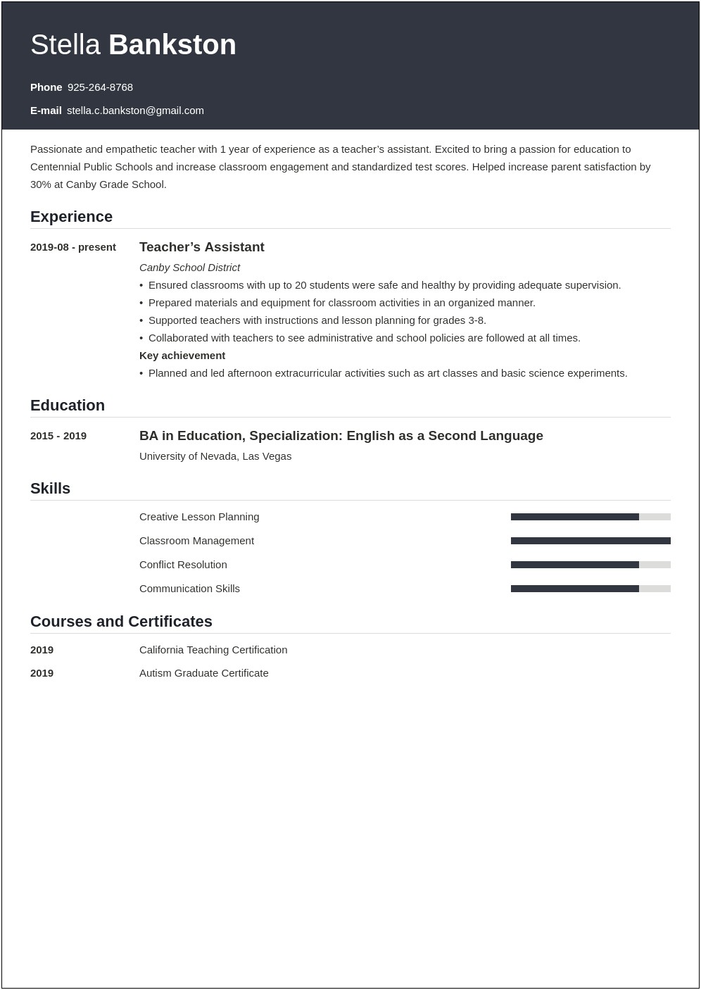 Resume Templates For Physical Education Teachers