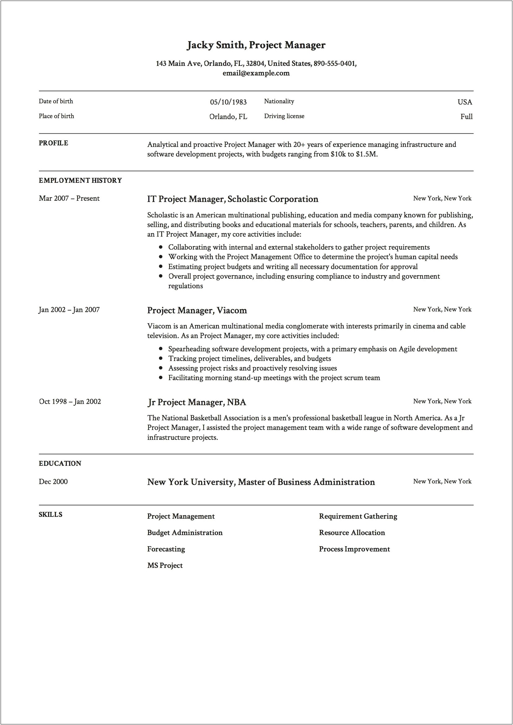 Resume Templates With Work Experiene And Project Work
