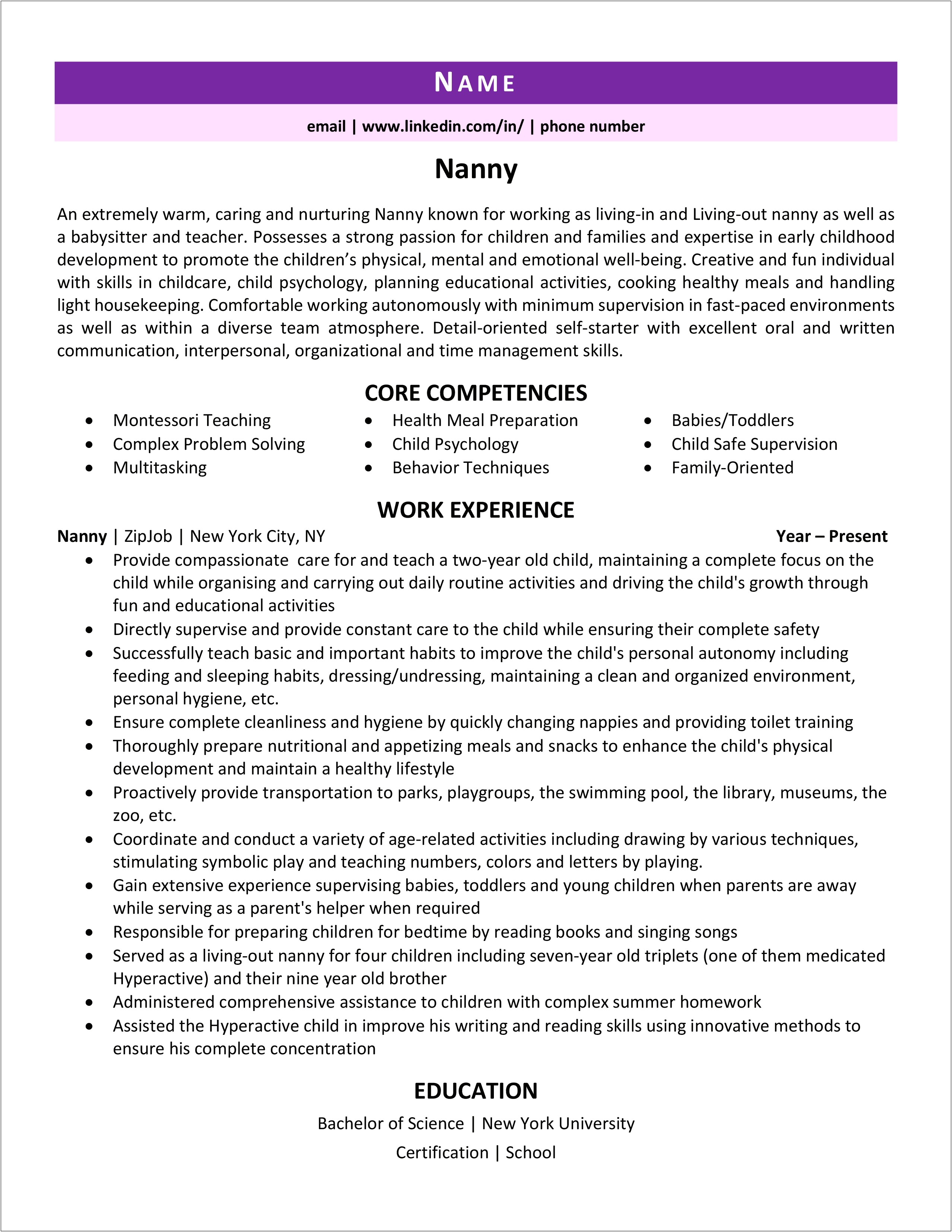 Resume That Has A Nanny As A Job