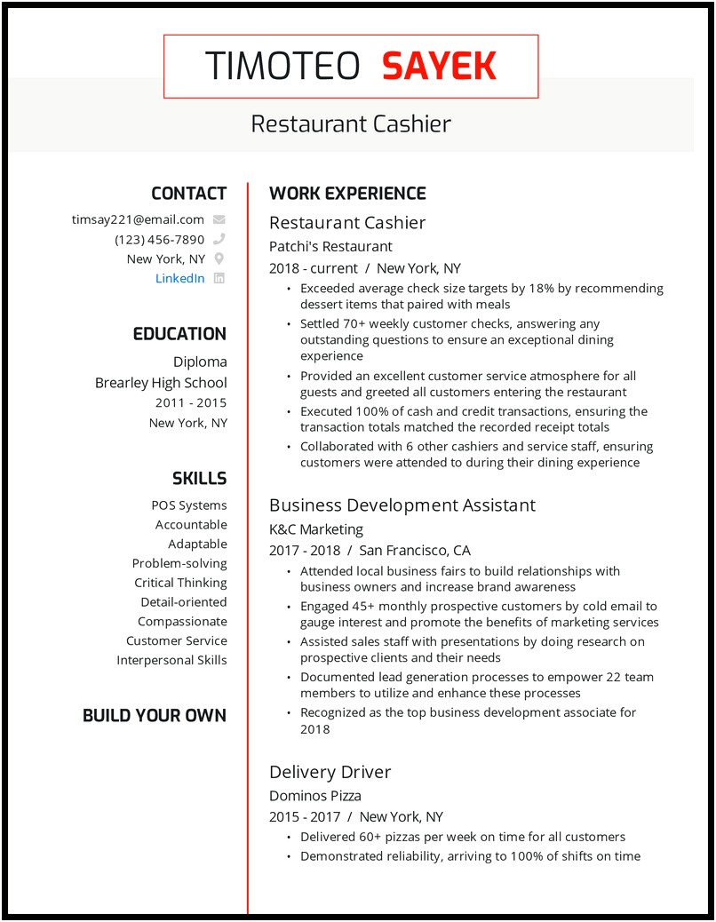 Resume Things To Say About A Restaraunt Job