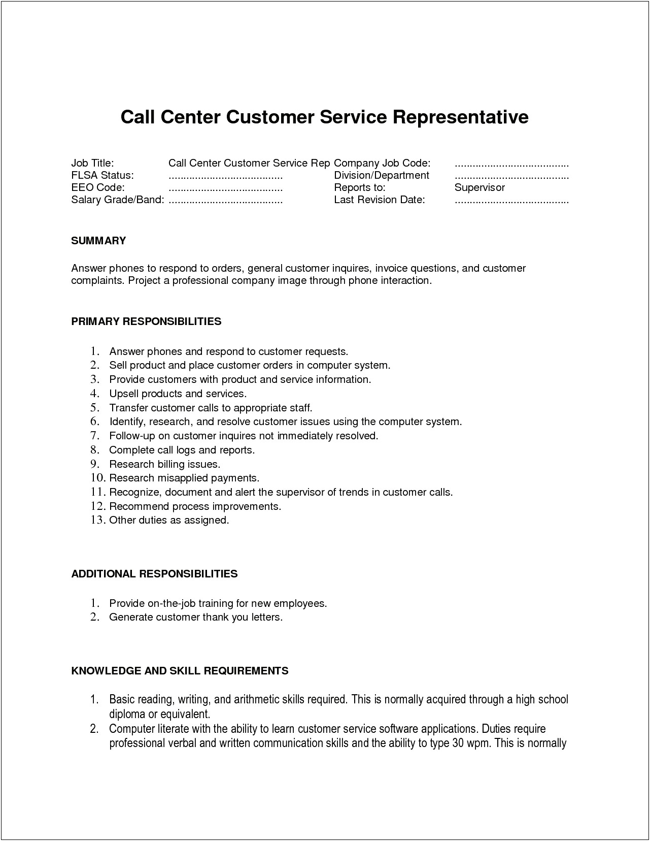 Resume Title Customer Service Representative Example