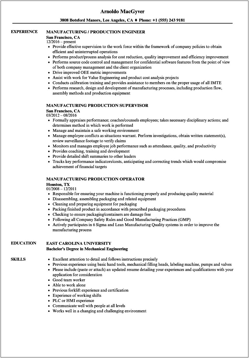 Resume Title Examples For Heavy Manufacturing Assembly